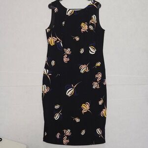 M&S Collection Navy Floral Sheath Dress Sleeveless Midi Gold Zip UK 16 US 12